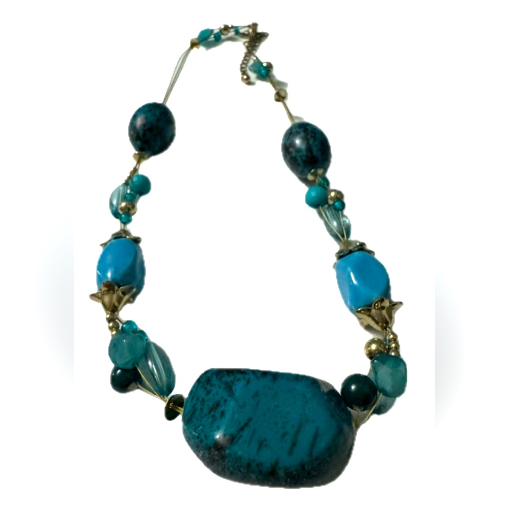 2010s Vintage Statement Necklace Blue And Gold Beaded